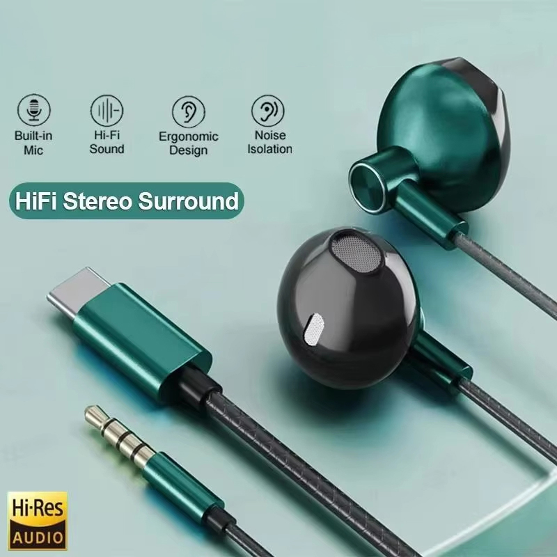 Wired Earphone Mic - Type C 3.5mm HIFI Stereo Wired